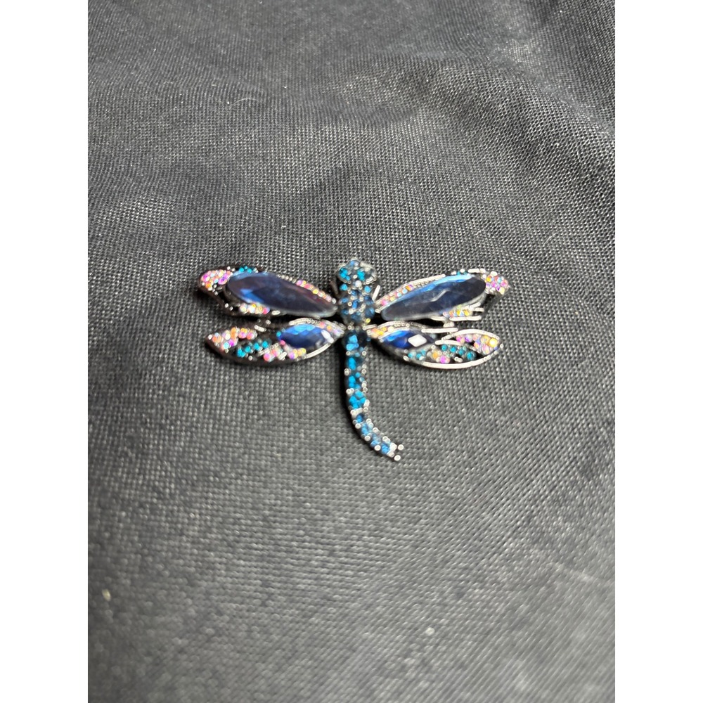 Blue Rhinestone Dragonfly Brooch Pin Iridescent Crystal Gunmetal Tone Jewelry‎